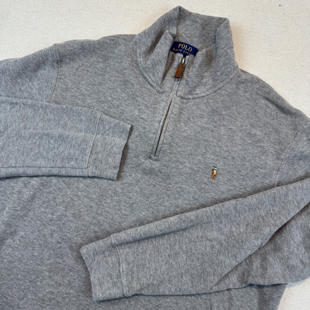 Polo Ralph Lauren Large Quarter Zip Pullover Mens Gray Estate Rib Cotton Pony